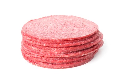 Photo of Slices of tasty smoked sausage isolated on white