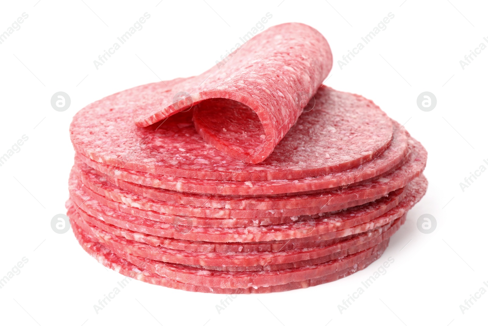 Photo of Slices of tasty smoked sausage isolated on white