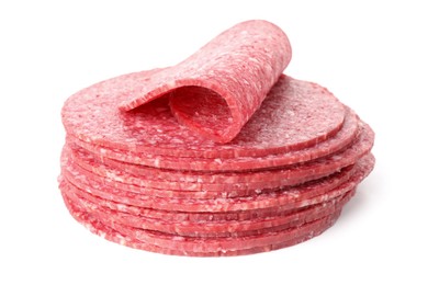 Photo of Slices of tasty smoked sausage isolated on white