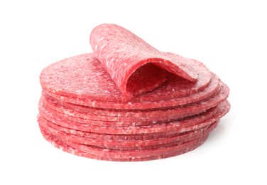 Photo of Slices of tasty smoked sausage isolated on white