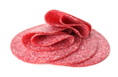 Photo of Slices of tasty smoked sausage isolated on white