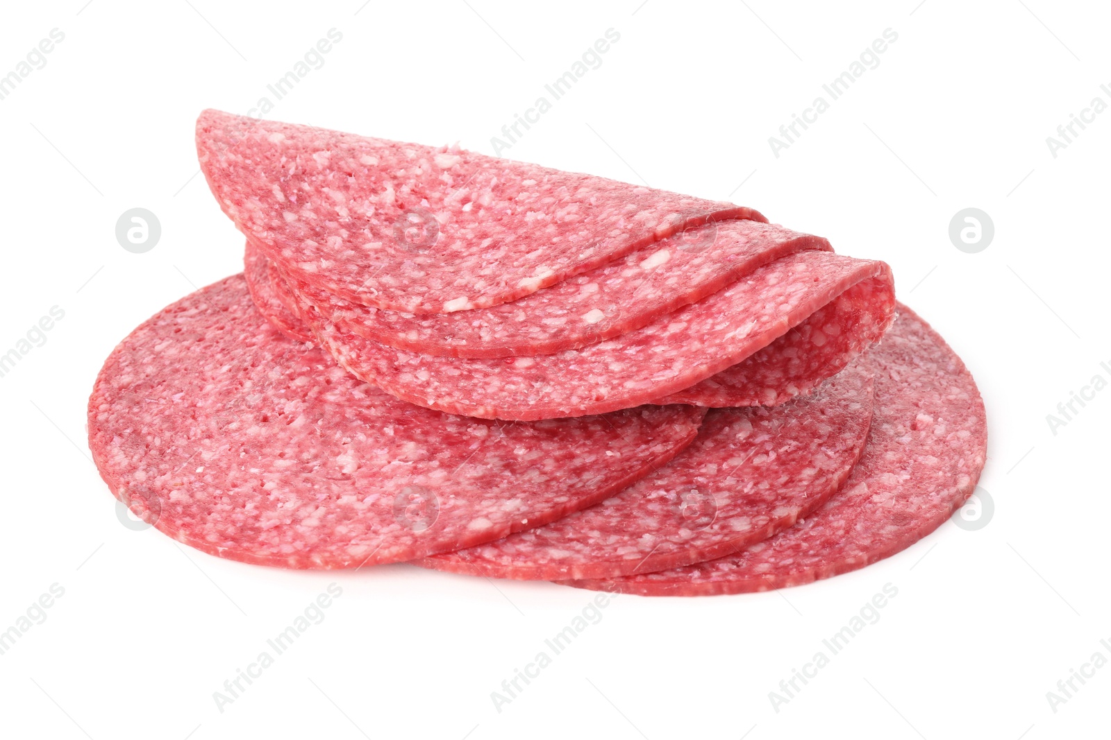 Photo of Slices of tasty smoked sausage isolated on white