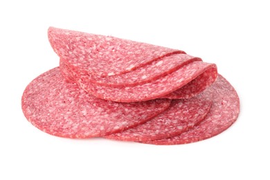 Photo of Slices of tasty smoked sausage isolated on white
