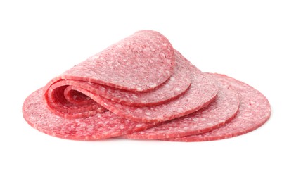 Photo of Slices of tasty smoked sausage isolated on white