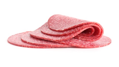 Photo of Slices of tasty smoked sausage isolated on white