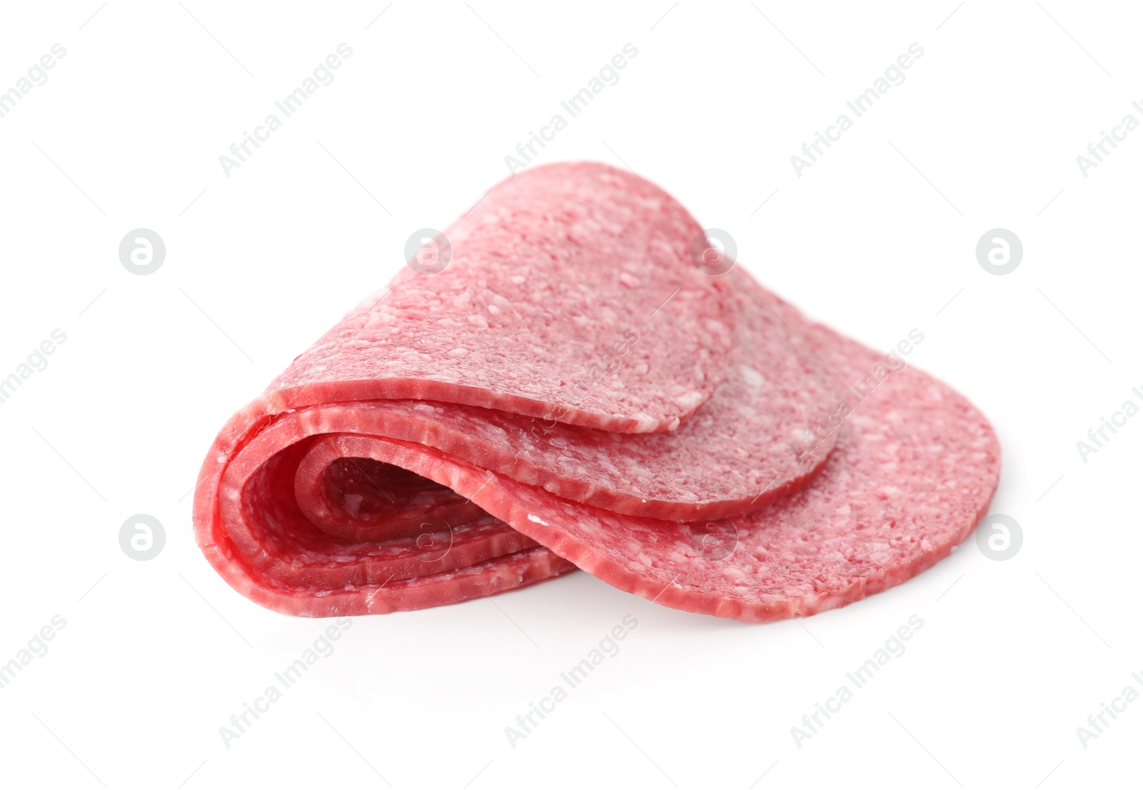 Slices of tasty smoked sausage isolated on white Photo of Slices of tasty smoked sausage isolated on white