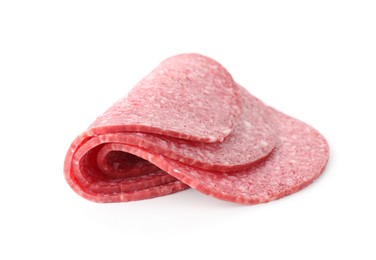 Photo of Slices of tasty smoked sausage isolated on white