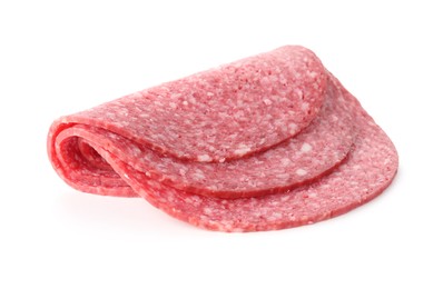 Photo of Slices of tasty smoked sausage isolated on white
