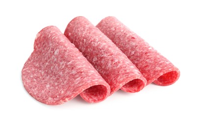 Photo of Slices of tasty smoked sausage isolated on white