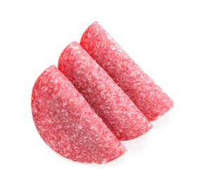 Photo of Slices of tasty smoked sausage isolated on white, top view