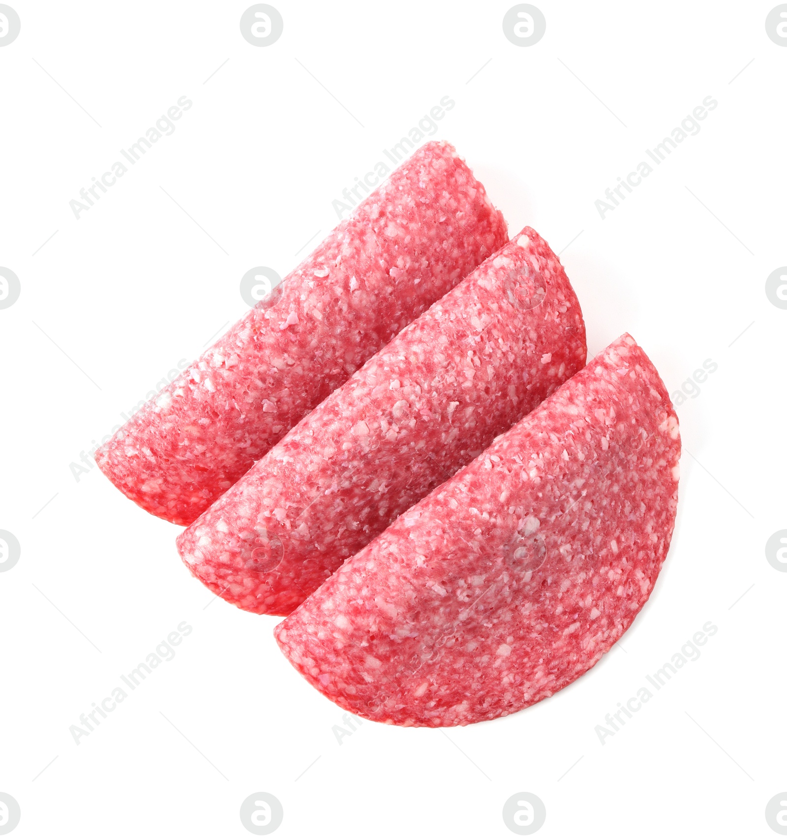 Photo of Slices of tasty smoked sausage isolated on white, top view