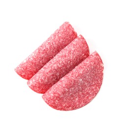 Photo of Slices of tasty smoked sausage isolated on white, top view
