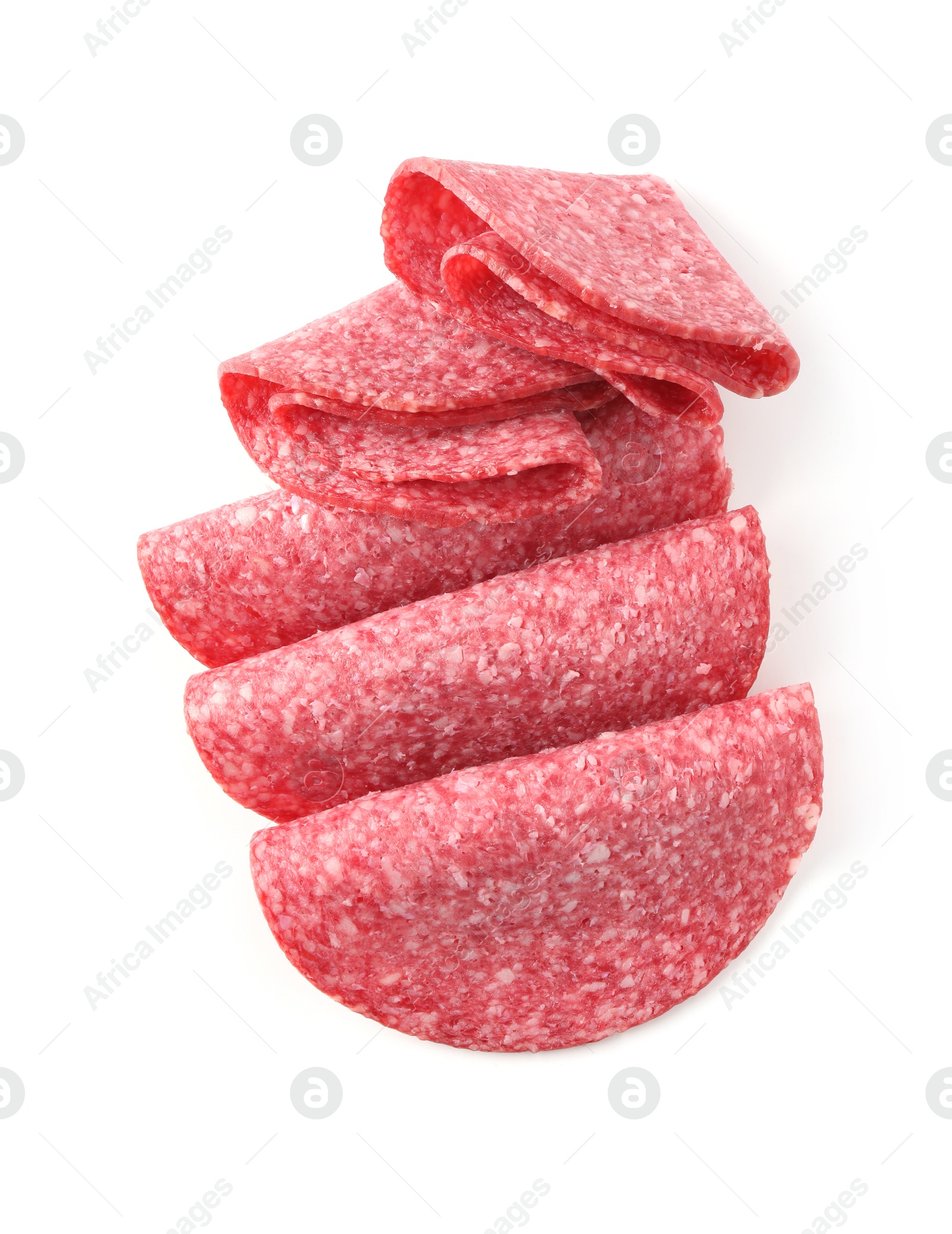 Photo of Slices of tasty smoked sausage isolated on white, top view