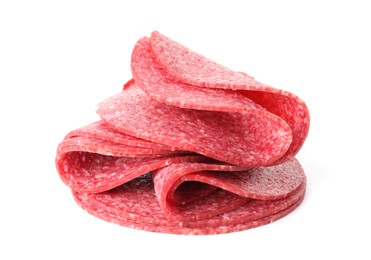 Photo of Slices of tasty smoked sausage isolated on white