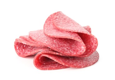Photo of Slices of tasty smoked sausage isolated on white