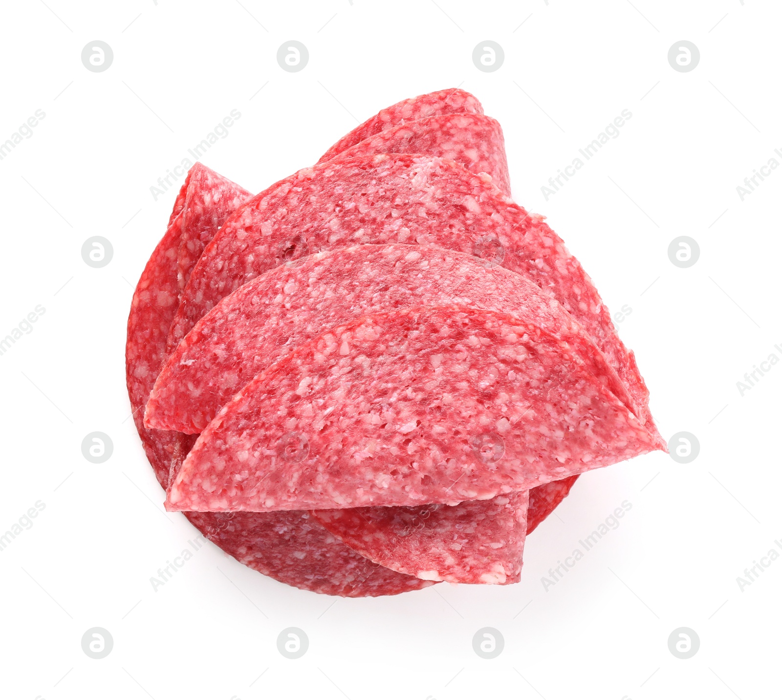 Slices of tasty smoked sausage isolated on white, top view Photo of Slices of tasty smoked sausage isolated on white, top view