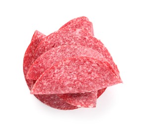 Photo of Slices of tasty smoked sausage isolated on white, top view