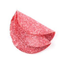 Photo of Slices of tasty smoked sausage isolated on white, top view