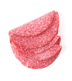 Photo of Slices of tasty smoked sausage isolated on white, top view