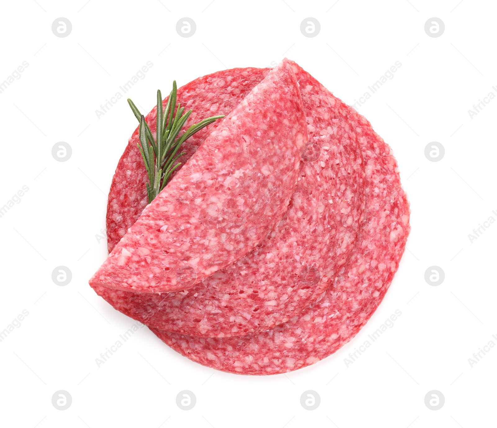 Slices of tasty smoked sausage with rosemary isolated on white, top view Photo of Slices of tasty smoked sausage with rosemary isolated on white, top view