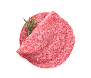 Photo of Slices of tasty smoked sausage with rosemary isolated on white, top view