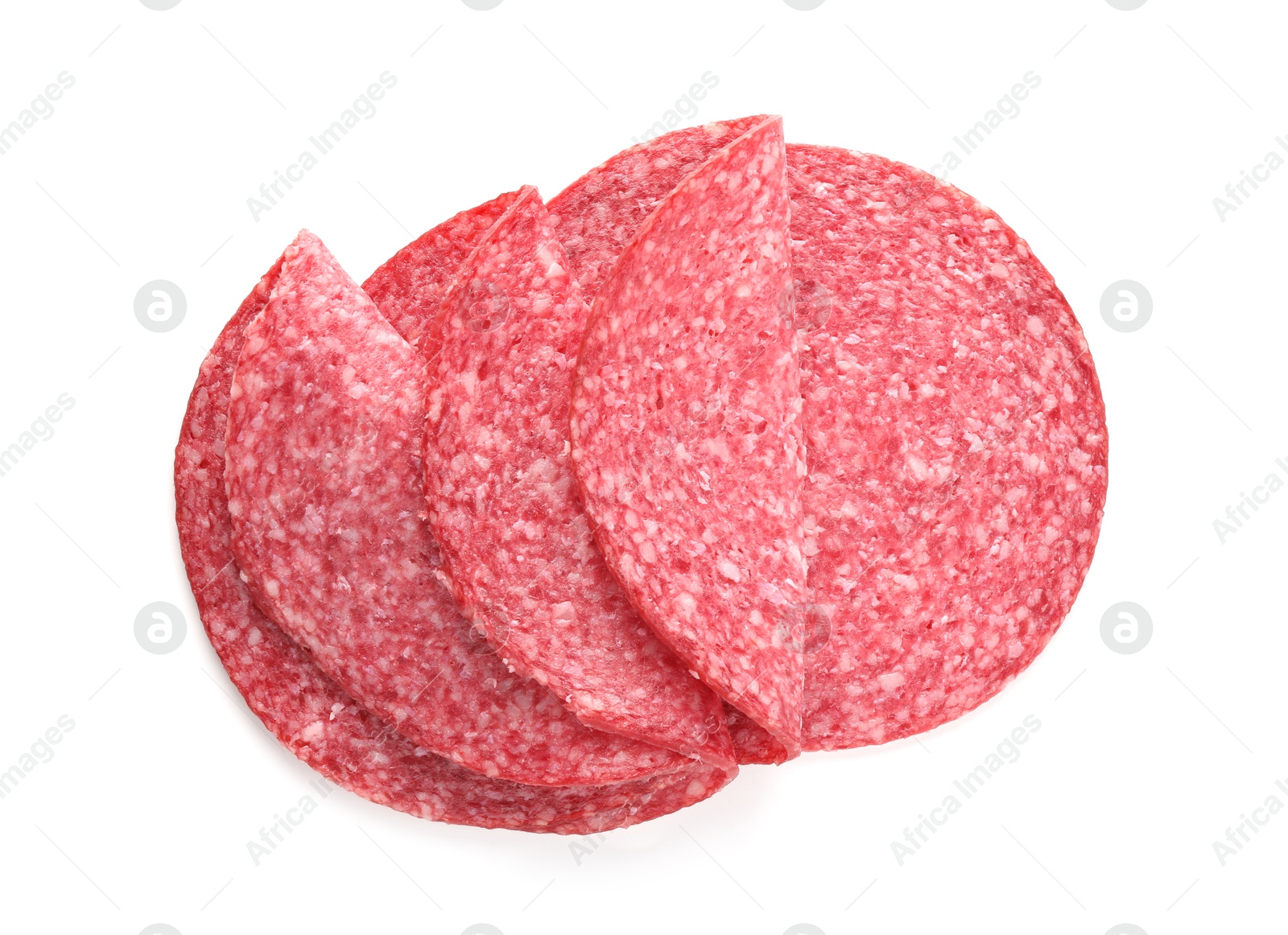Photo of Slices of tasty smoked sausage isolated on white, top view