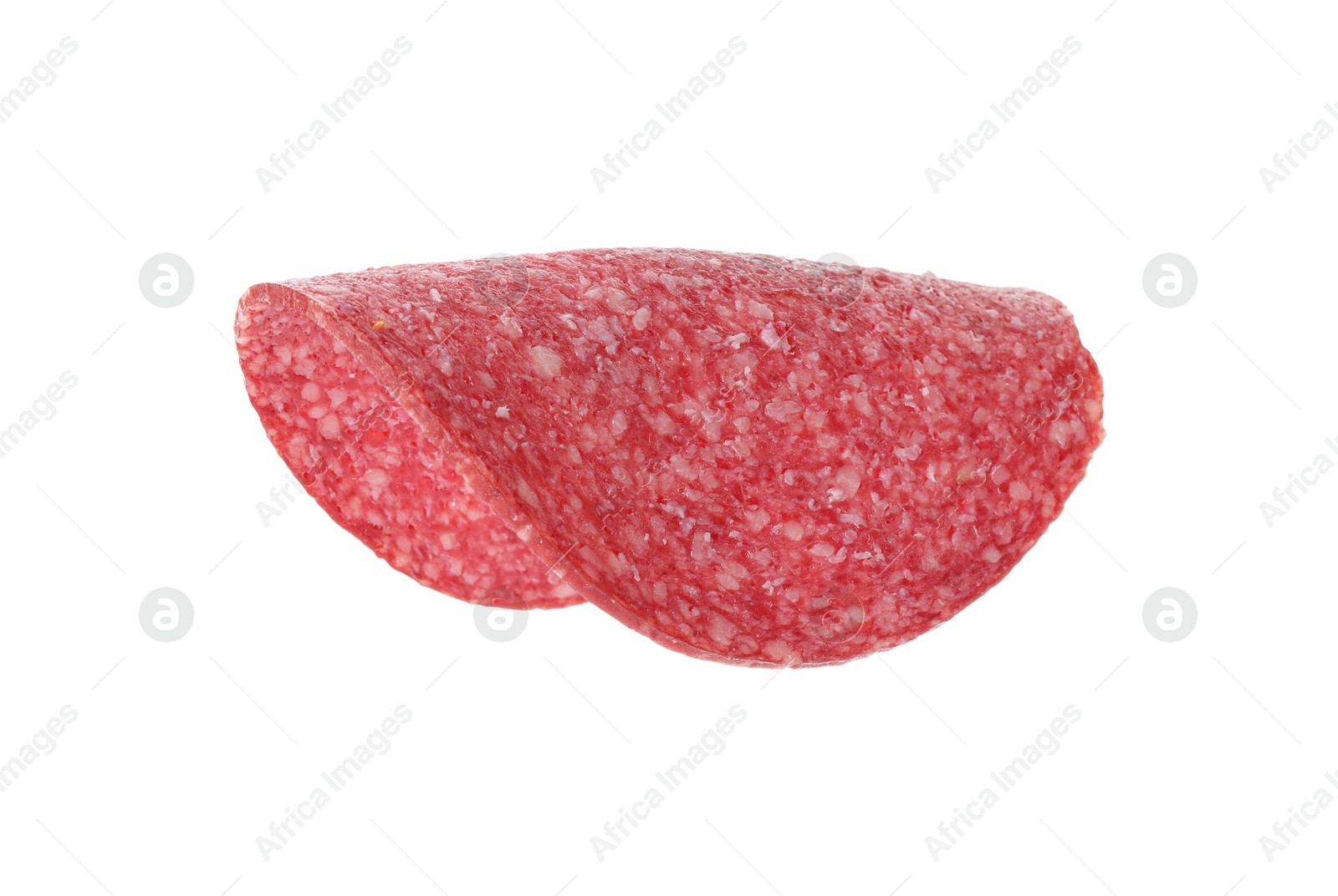 Slice of tasty smoked sausage isolated on white Photo of Slice of tasty smoked sausage isolated on white