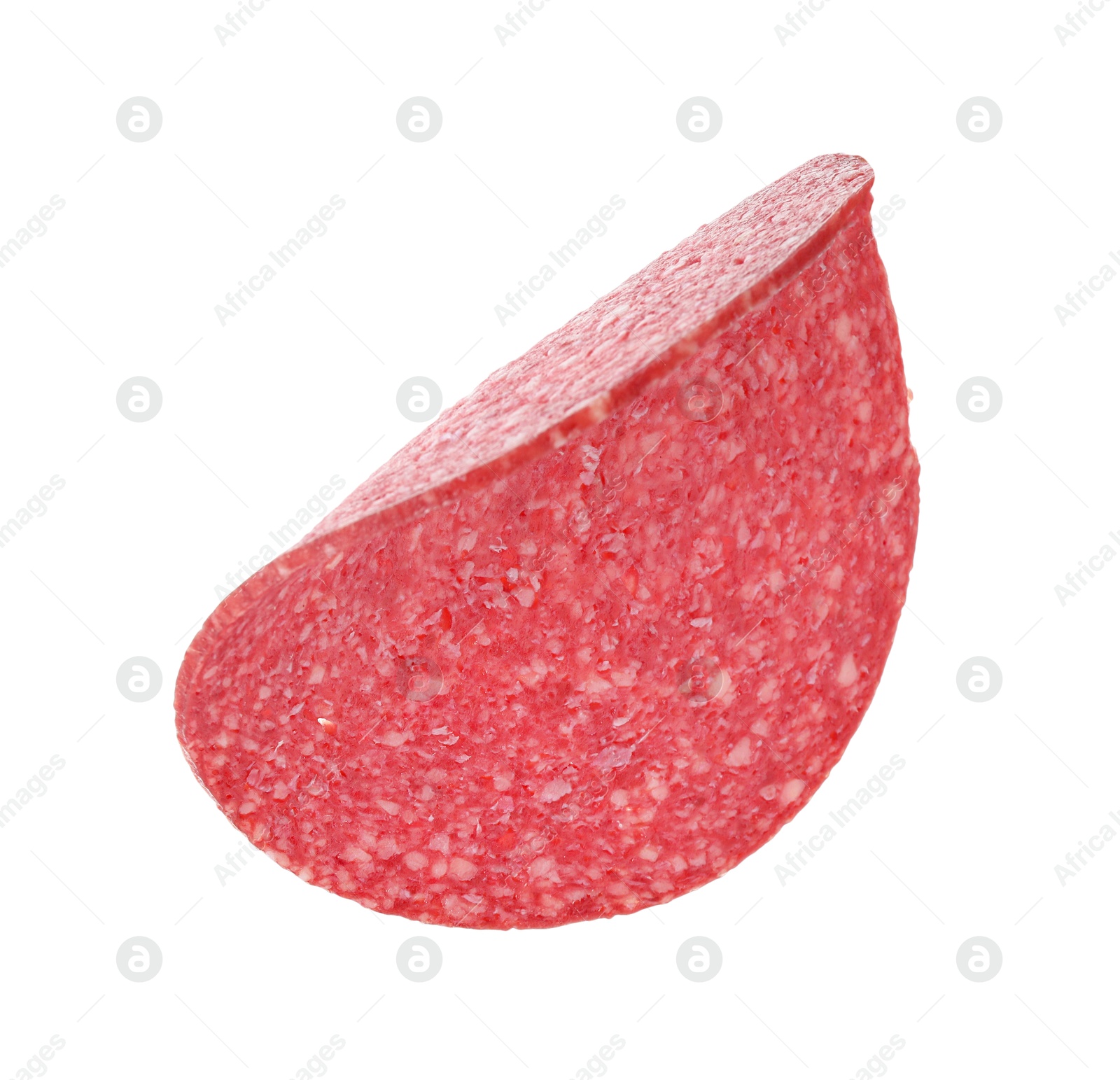 Slice of tasty smoked sausage isolated on white Photo of Slice of tasty smoked sausage isolated on white