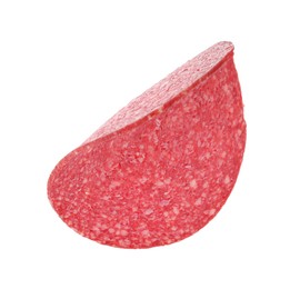 Photo of Slice of tasty smoked sausage isolated on white