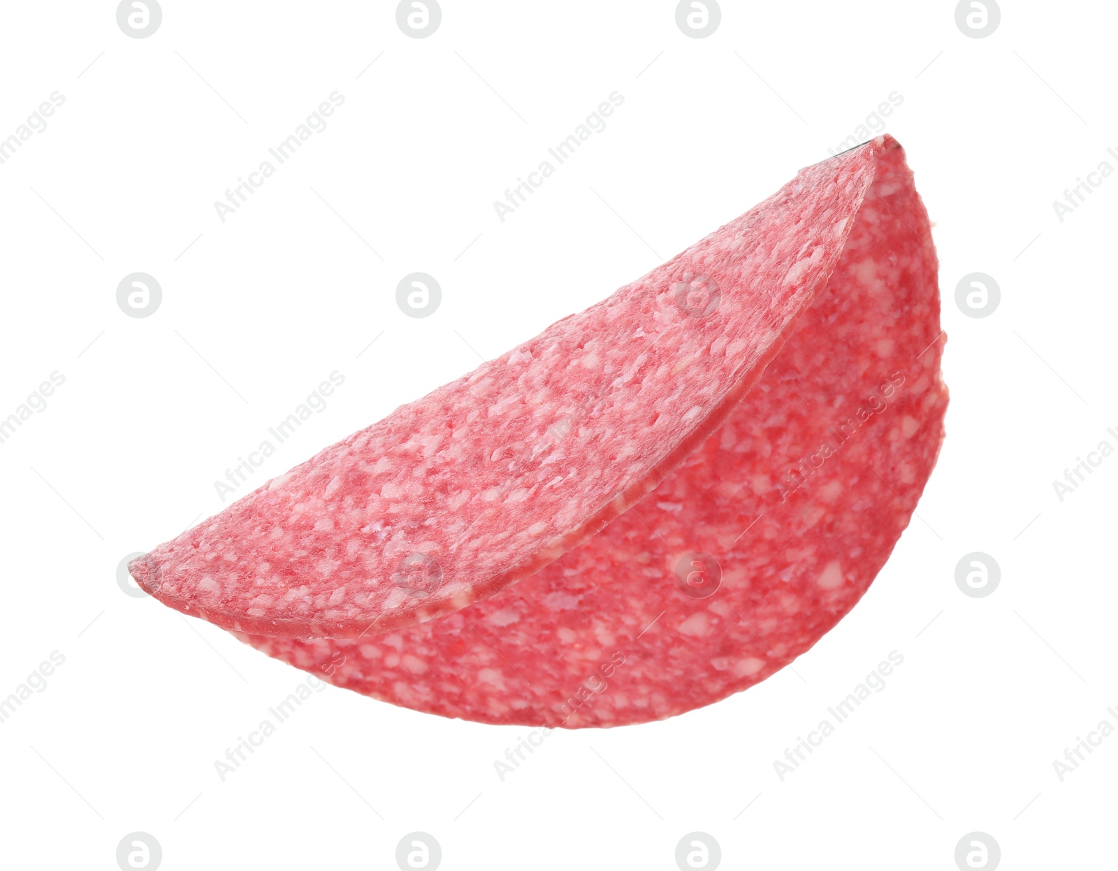 Slice of tasty smoked sausage isolated on white Photo of Slice of tasty smoked sausage isolated on white