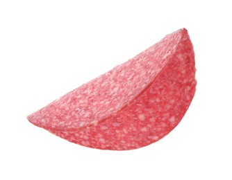 Photo of Slice of tasty smoked sausage isolated on white