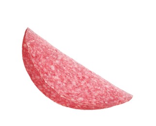 Photo of Slice of tasty smoked sausage isolated on white