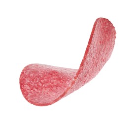 Photo of Slice of tasty smoked sausage isolated on white