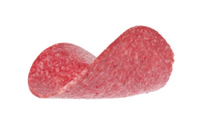 Photo of Slice of tasty smoked sausage isolated on white