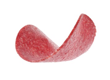 Photo of Slice of tasty smoked sausage isolated on white
