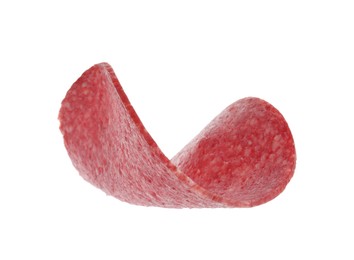Photo of Slice of tasty smoked sausage isolated on white