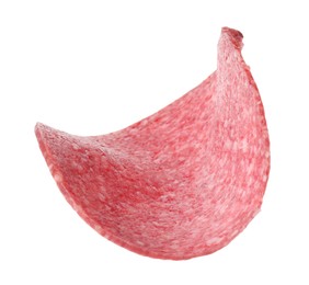 Photo of Slice of tasty smoked sausage isolated on white