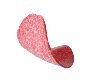 Photo of Slice of tasty smoked sausage isolated on white