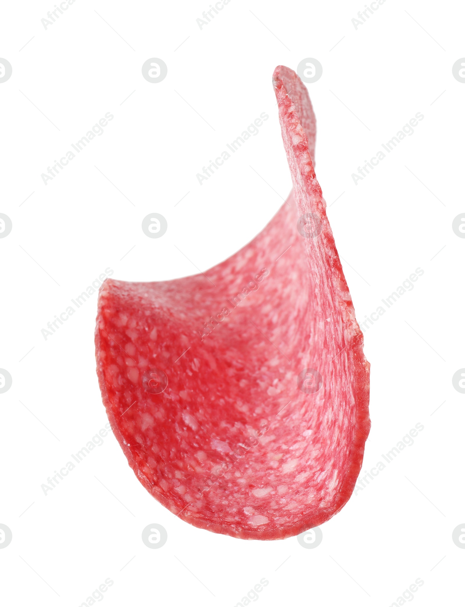 Photo of Slice of tasty smoked sausage isolated on white