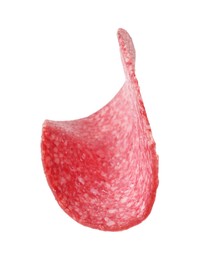 Photo of Slice of tasty smoked sausage isolated on white