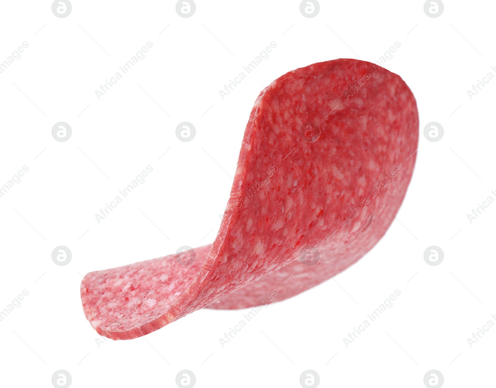 Photo of Slice of tasty smoked sausage isolated on white