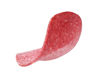 Photo of Slice of tasty smoked sausage isolated on white