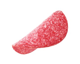 Photo of Slice of tasty smoked sausage isolated on white