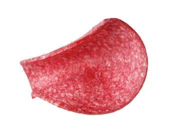Photo of Slice of tasty smoked sausage isolated on white