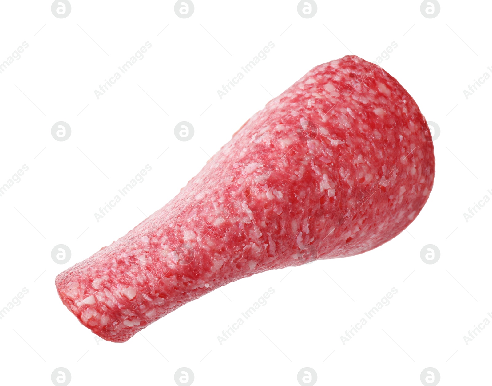 Slice of tasty smoked sausage isolated on white Photo of Slice of tasty smoked sausage isolated on white