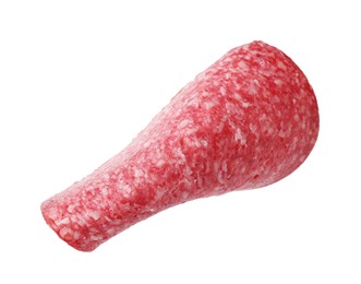 Photo of Slice of tasty smoked sausage isolated on white