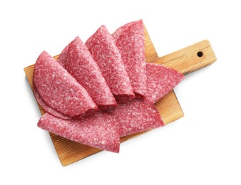 Photo of Slices of tasty smoked sausage isolated on white, top view