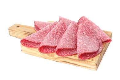 Photo of Slices of tasty smoked sausage isolated on white