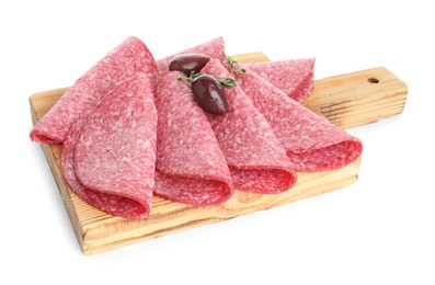 Photo of Slices of tasty smoked sausage, thyme and olives isolated on white