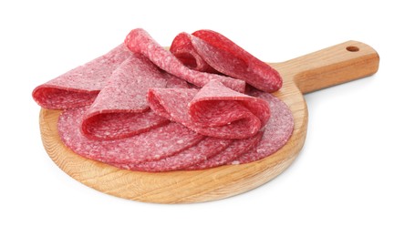Photo of Slices of tasty smoked sausage isolated on white